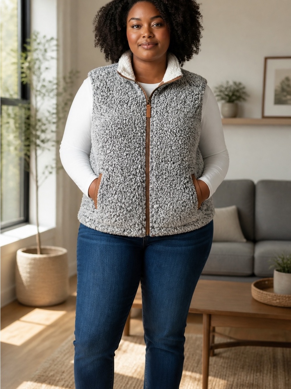 MarleyLilly Sherpa Vest in Gray and Brown Trim